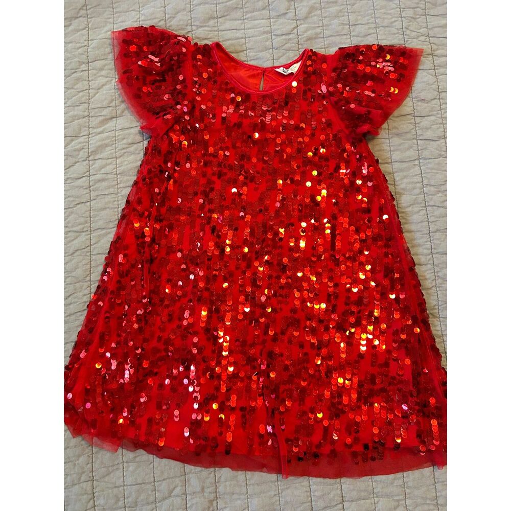 H&M Kid's Red Sequin Dress with Flutter Sleeves Sparkly Party Dress Up Size 7/8Y